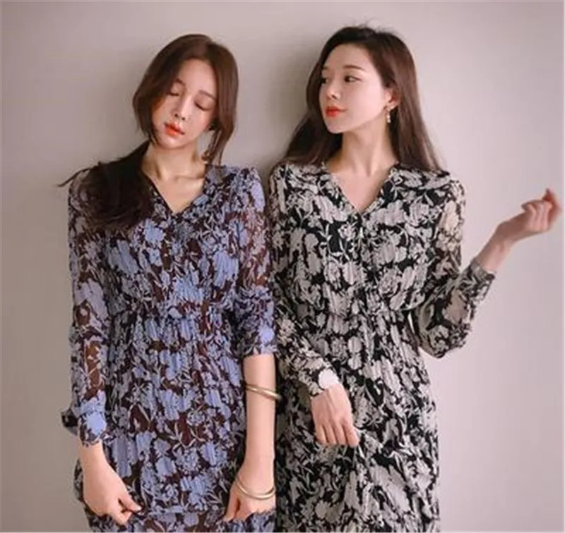 

Korean Style Floral Print Hot Autumn Dress Vintage Sweet Chiffon Dress for Ladies Elegant V-neck Light Comfort Dress 2020 Hot