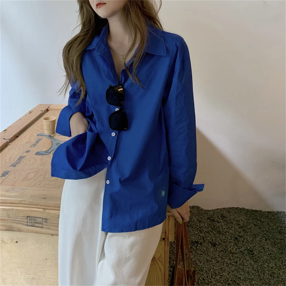 Рубашка HziriP синяя однотонная повседневная осенняя 2021 | Женская одежда