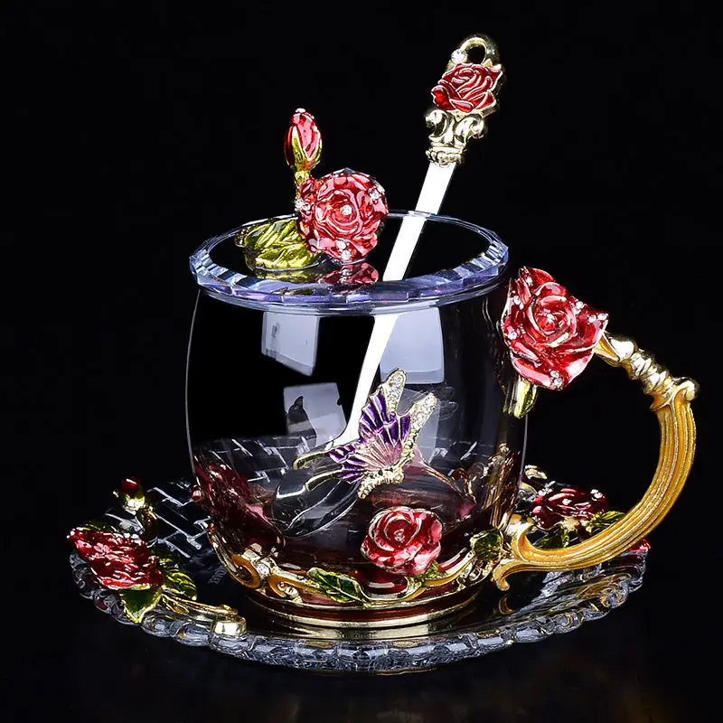 Water Cup Enamel Heat-resistant Glass Female Luo Shi Flower House Rose Tea Household Set Creative Gift Cups and | Дом и сад