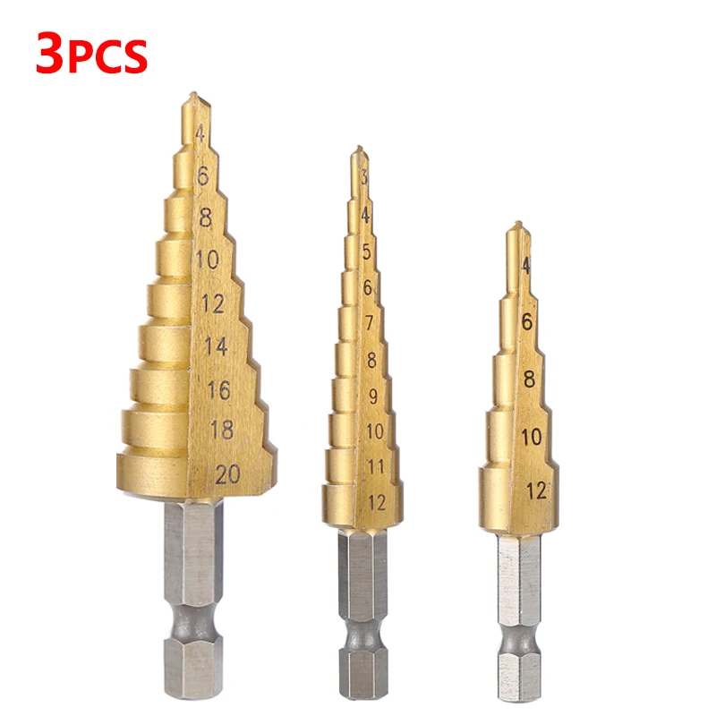 

AXK 3pcs 3-12mm 4-12mm 4-20mm HSS Straight Groove Step Drill Bit Set Titanium Coated Wood Metal Hole Cutter Core Drill Bit Set