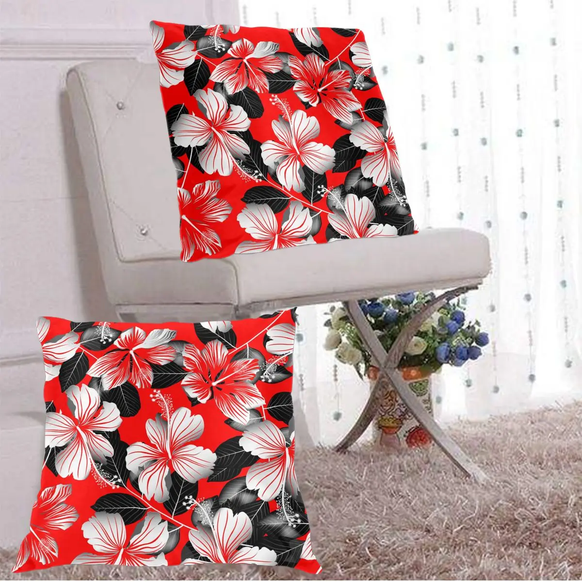 

Decorative Pillowcase Tropical Hibiscus Flowers With Leaves Throw Pillow Case Square Polyester Pillow Cover for Home Office