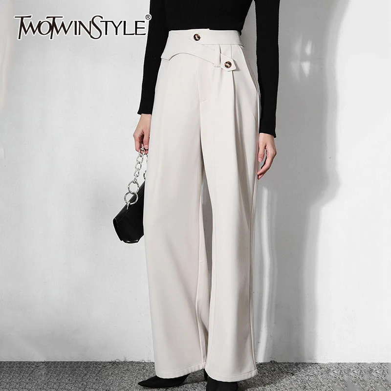 

TWOTWINSTYLE, однотонные нестандартные брюки для женщин, высокая талия, полная длина, прямые свободные женские штаны, 2021, осенняя модная одежда