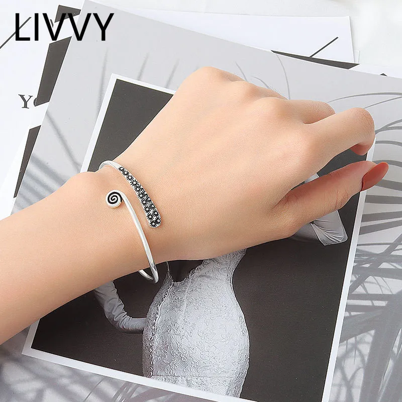 

LIVVY Simple Fashion Thai Silver Color Exquisite Leaves And Flower Open Adjustable Bracelets For Woman Party Jewelry
