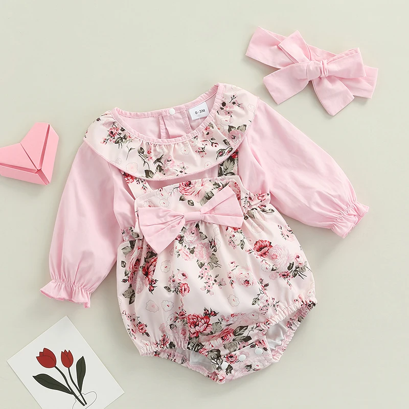 

Модный осенний комплект из 2 предметов для маленьких девочек, Цветочный комбинезон с длинным рукавом, круглым вырезом и бантом, шорты-слинги...