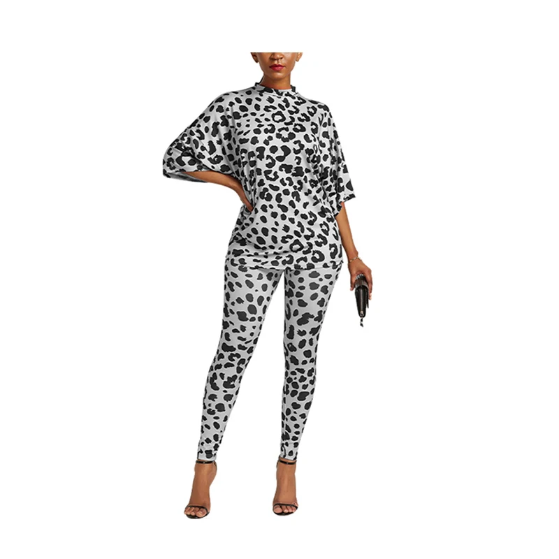 

2021Sexy Two Piece Set Sexy Leopard Long Sleeve Loose Top And High Stretch Pencil Pant Set Office Women Casual Two Piece Outfits