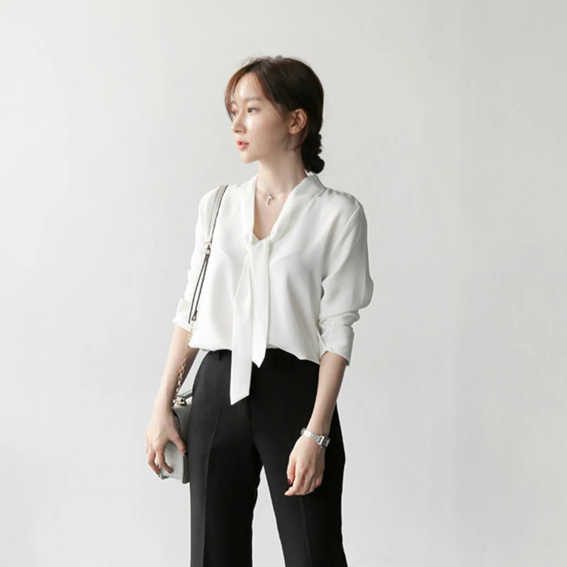 

Dabourfeel Bow Ribbon Chiffon Shirt Women Pure Color Stylish Elegant Sweet Casual Office Commute 2021 Summer New Products