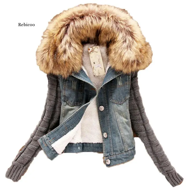 

Winter Thick Slim Women Windbreaker Denim Jacket Fur Collar Plus Size Long Sleeve Short Jean Coats