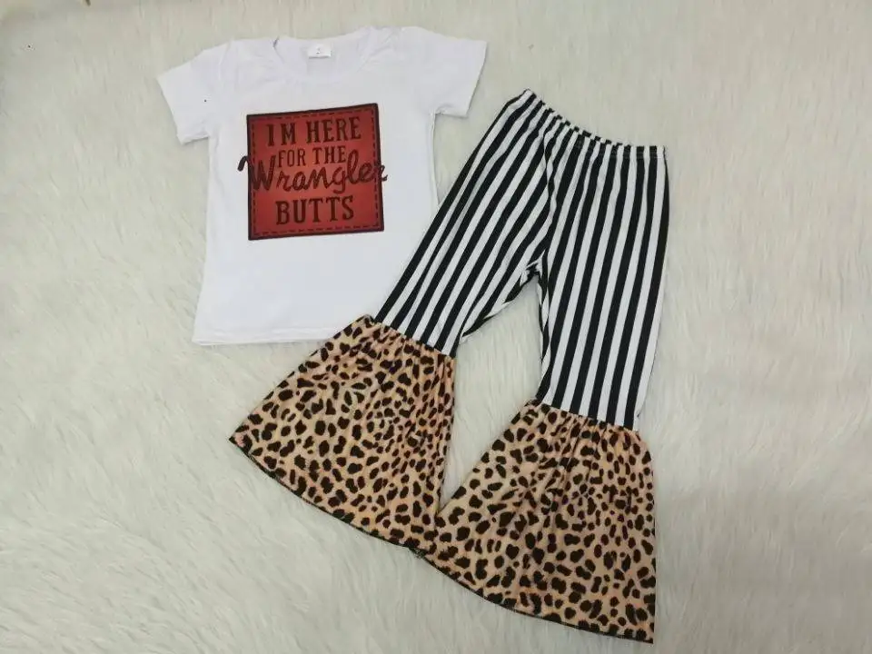 

Baby girl's set summer short sleeve personality fashion boutique girl striped bell-bottomed pants 2 piece set