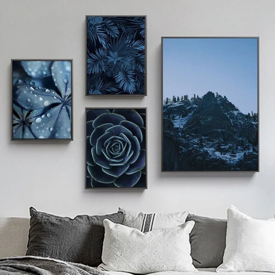 Голубой Одуванчик суккуленты листья монстеры настенная живопись на холсте