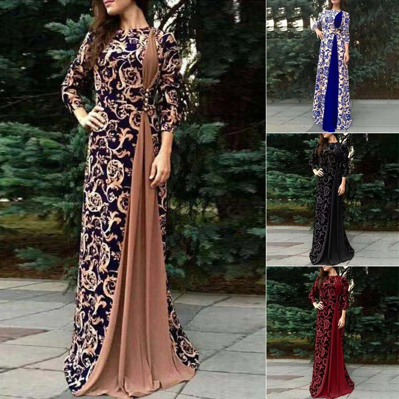 Женские вечерние платья с круглым вырезом и высокой талией принт в этническом