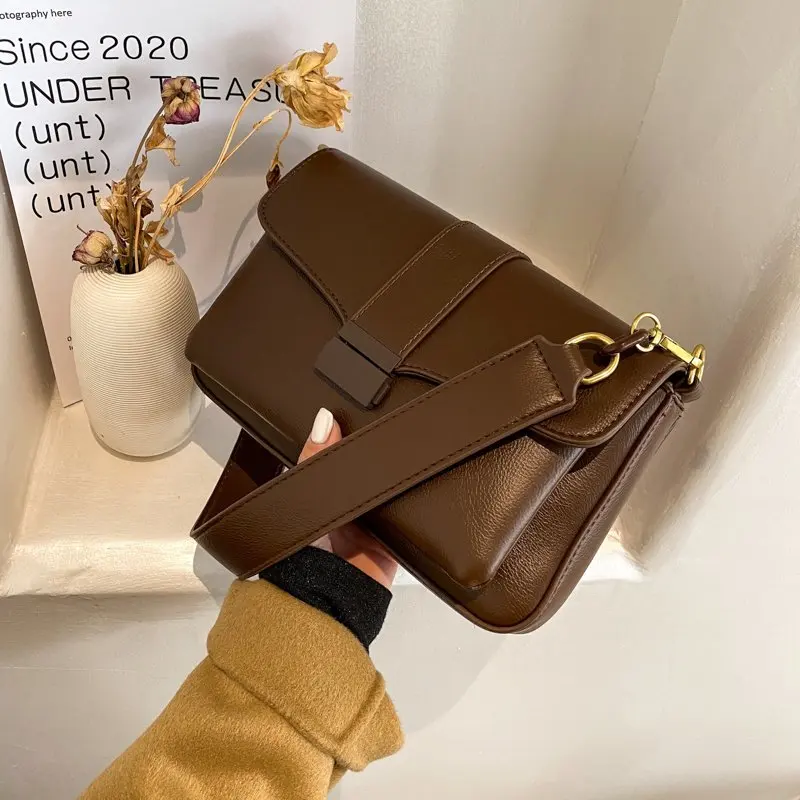 

Fashion Casual Solid Color Pu Leather Shoulder Bags for Women 2021 Trendy Wide Shoulder Strap Square Ladies Crossbody