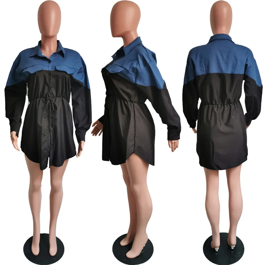 

High Waist Women Shirt Dress Patchwork Loose Lapel Neck Long Sleeve Dress for Women Casual