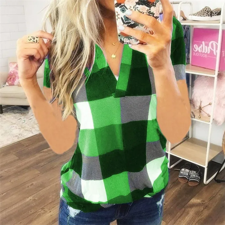 

Women's new summer shirt Plaid print V-neck short sleeve T-shirt