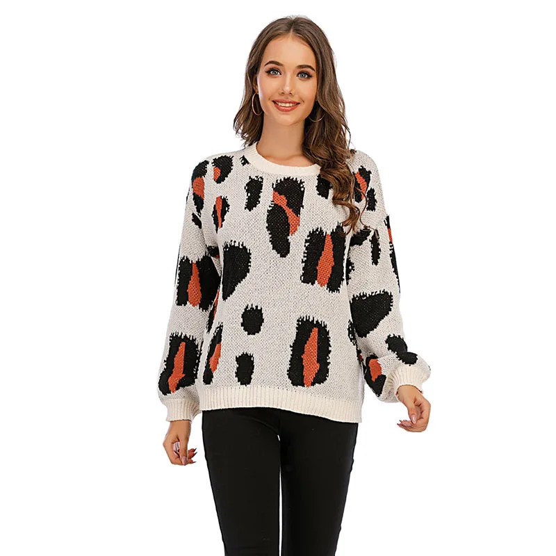 

Autumn Winter Women's Sweaters European Style Leopard Pullover Sweater New Loose Casual Female Knitted Tops GX492