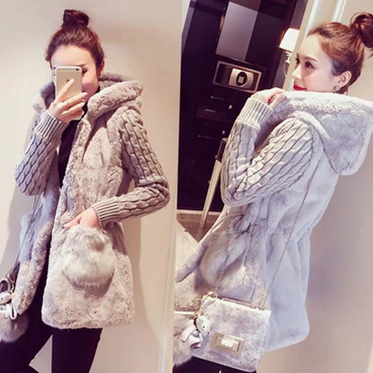 

2021 autumn and winter new ladies coat clothes fashion classic knit stitching plush synthetic fur thick hooded jacket women