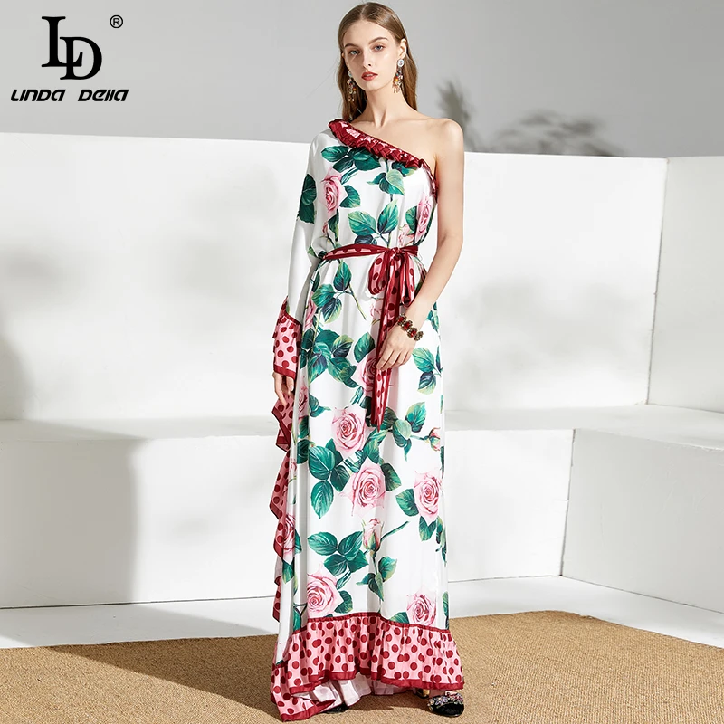 Женское платье с поясом LD LINDA DELLA длинное большого размера открытыми плечами и