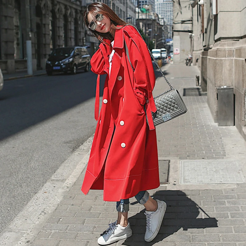 2020 spring Autumn Casual Double breasted Simple Classic Long Trench coat women red/black Chic Female windbreaker FY32 | Женская одежда