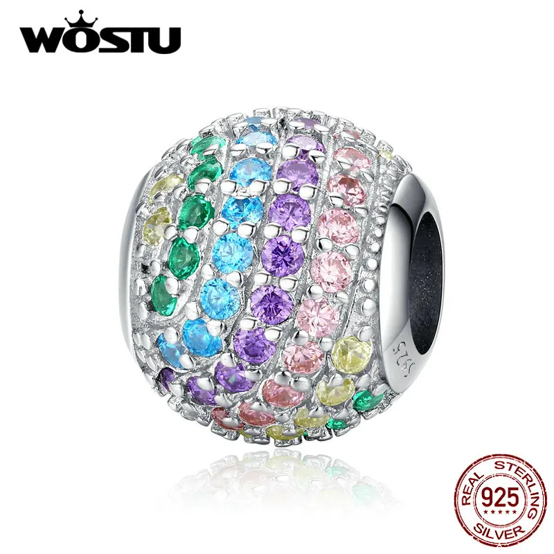 WOSTU, 925 пробы, серебряные, радужные круглые бусины, красочные, циркон, шарм, подходит для оригинального браслета, подвеска, серебро 925, ювелирные изделия CQC1355