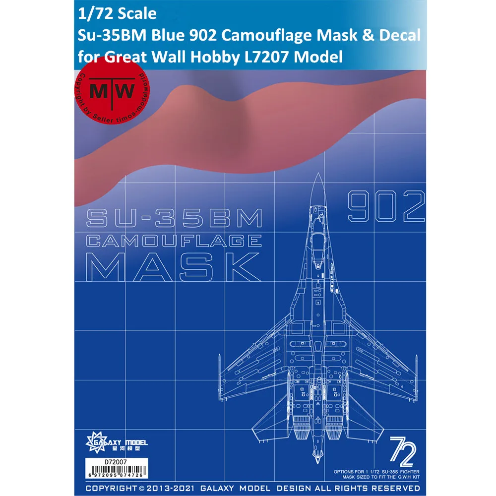 Galaxy D72007 1/72 Scale Sukhoi Su-35BM Blue 902 Camouflage Flexible Mask & Decal for Great Wall Hobby L7207 Model