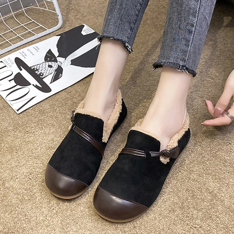 

Casual Woman Shoe Shallow Mouth Female Footwear Loafers Fur Round Toe Slip-on Moccasin Dress New Slip On Winter Rubber Flock Sli