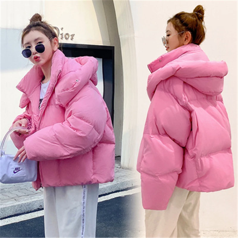 

Winter Women Solid Color Thick Warm Oversize Parkas Loose 2021 Korean Ladys Elegant Hooded Cotton Jacket Four Color H413