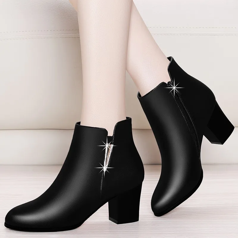 

Women's Chelsea Boots Winter Black Ankle Boots For Woman Thick Square High Heel Round Toe Genuine Leather Heels Shoes