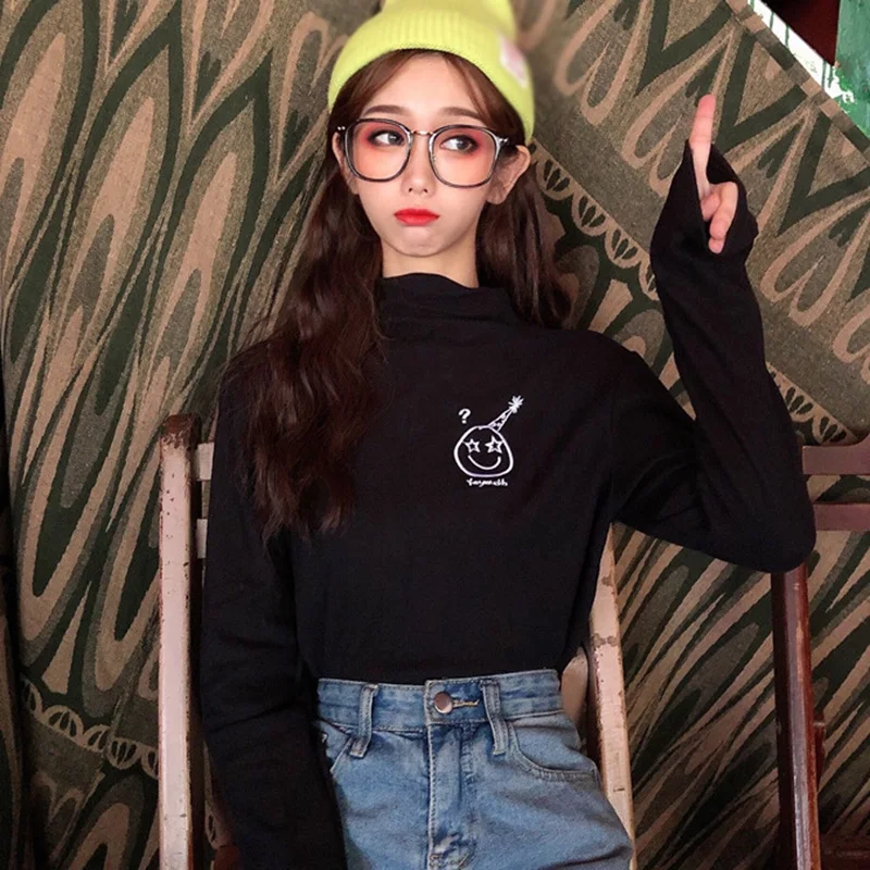 

Womens Half High Collar T-Shirt Long Sleeve T Shirts for Female Woman Clothing Tops Womens Cartoon Print T-shirts