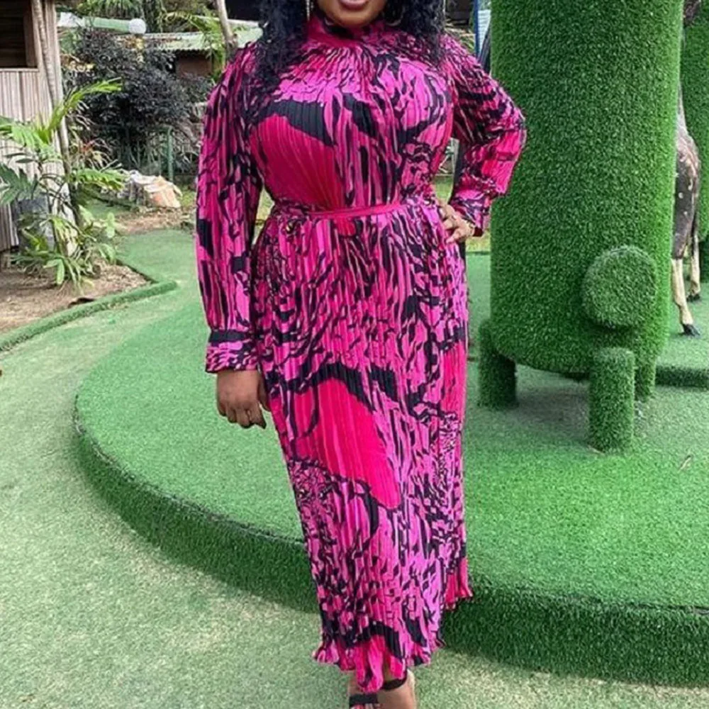 

African Fashion Temperament Womens Dress Printing Round Neck Long Sleeve Pleated Loose Casual 2021 Autumn Winter Womens Dress