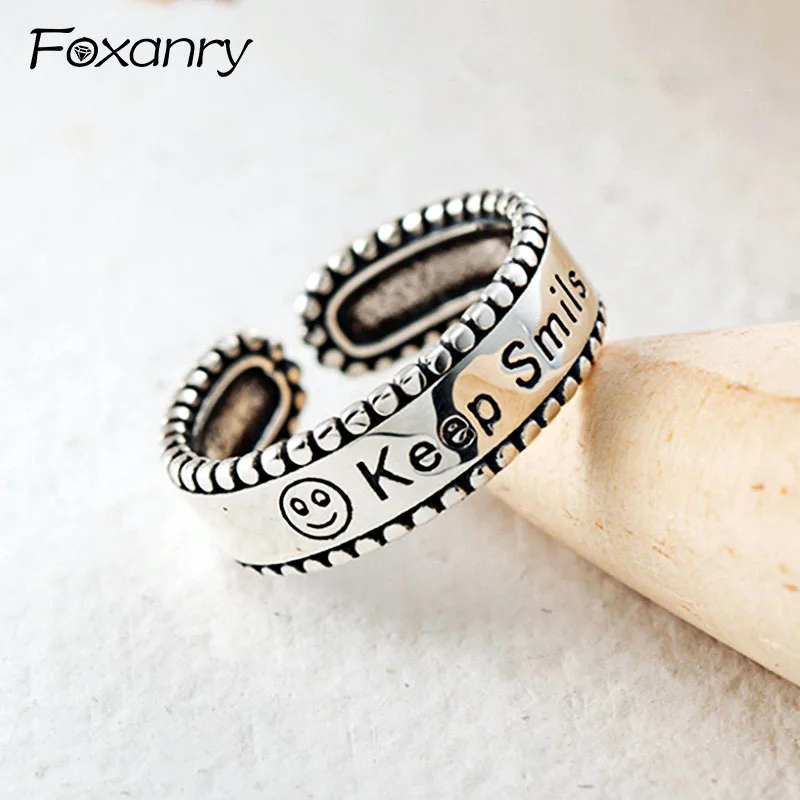

Женское Винтажное кольцо Foxanry, регулируемое кольцо из стерлингового серебра 925 пробы с улыбающимся лицом, в богемном стиле, для вечеринки