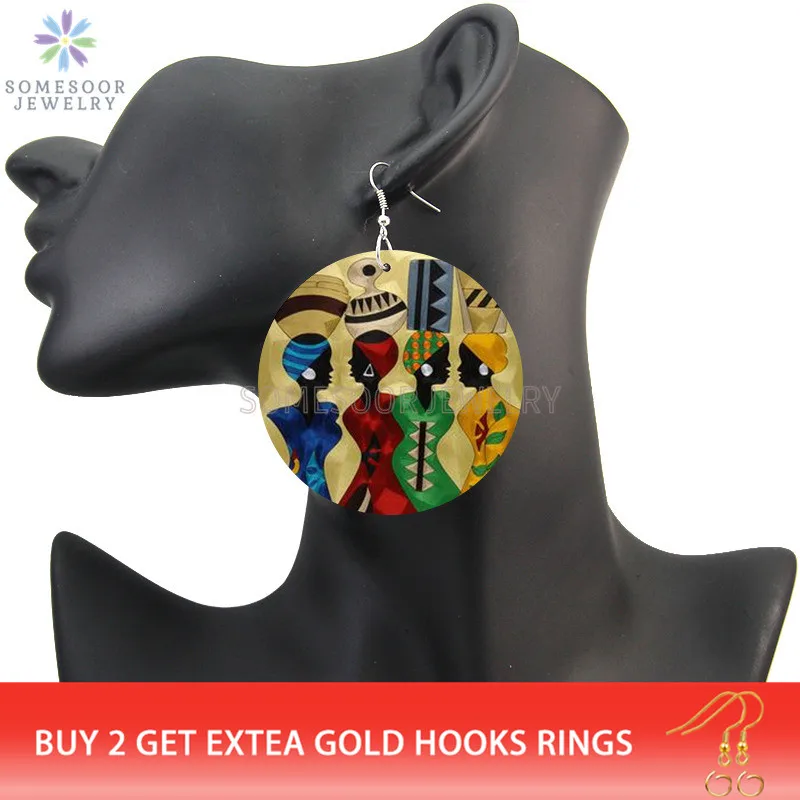 SOMESOOR Модные Черные сестры афро головной убор деревянные висячие серьги