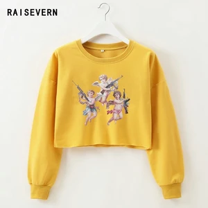 Женщины Crop Top Толстовка Cute Angel с пистолетом Печать Пуловеры Мода Твердая длинным рукавом потеет Топы Kawaii Hoodie Dropship