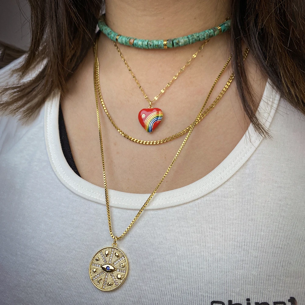 Женская Длинная цепочка из нержавеющей стали с радужным сердцем многослойные