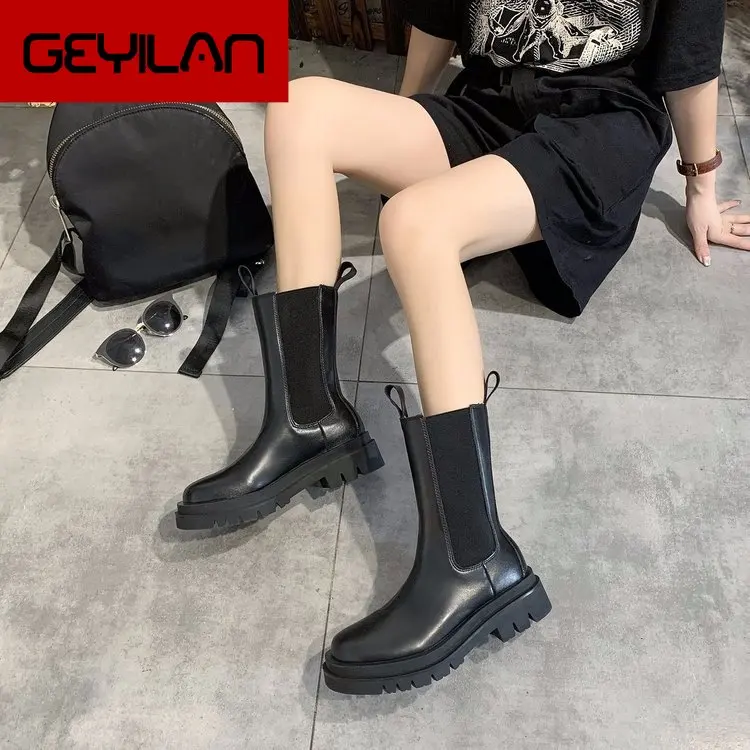 Boots Female Women Shoes Mid Calf Autumn British Style Leather Platform Thick with Short Boots Black Motorcycle Martin Boots Hot Boots Female Women Shoes Mid Calf Autumn British Style Leather Platform Thick with Short Boots Black Motorcycle Martin Boots Hot