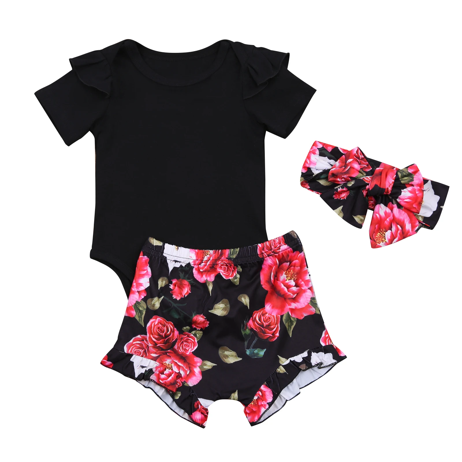 

OPPERIAYA Baby Girls Three-piece Clothes Summer lovely Set Black Short Sleeve Round Collar Bodyuist Floral Shorts bow Headdress