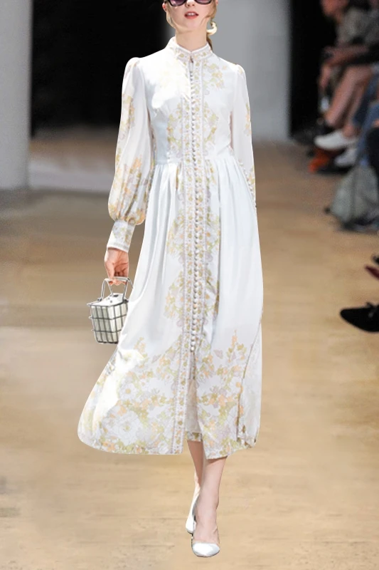 

celebrity temperament holiday long skirt 2021 autumn new stand collar Lantern Sleeve slim dress