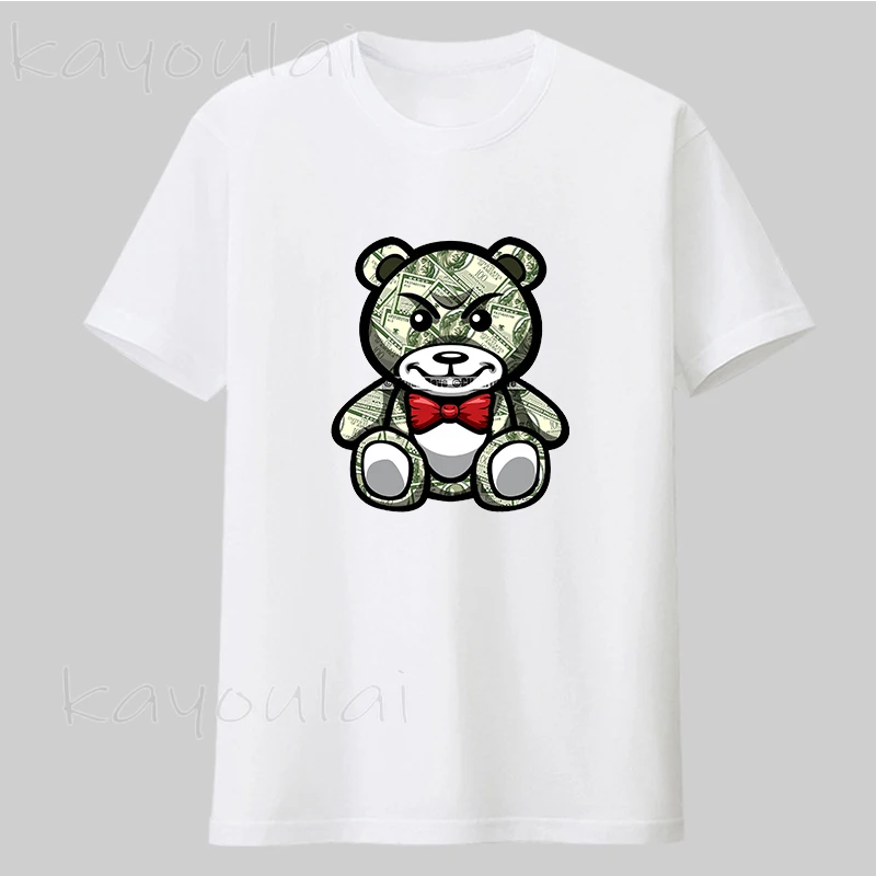 

New Arrivals Gangster Teddy Bear 100 Dollar Bill Money Cute Bow Tie Print Graphic T Shirts Men Hip Hop Rap Rapper Cartoon Tees