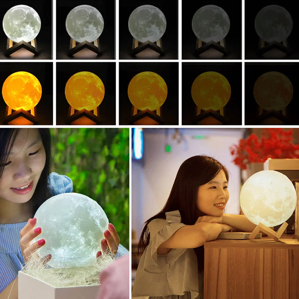 

Gift PLA Indoor USB Rechargeable Night Kids Bedroom Ornaments 3D Print Atmosphere Touch Control Moon Light