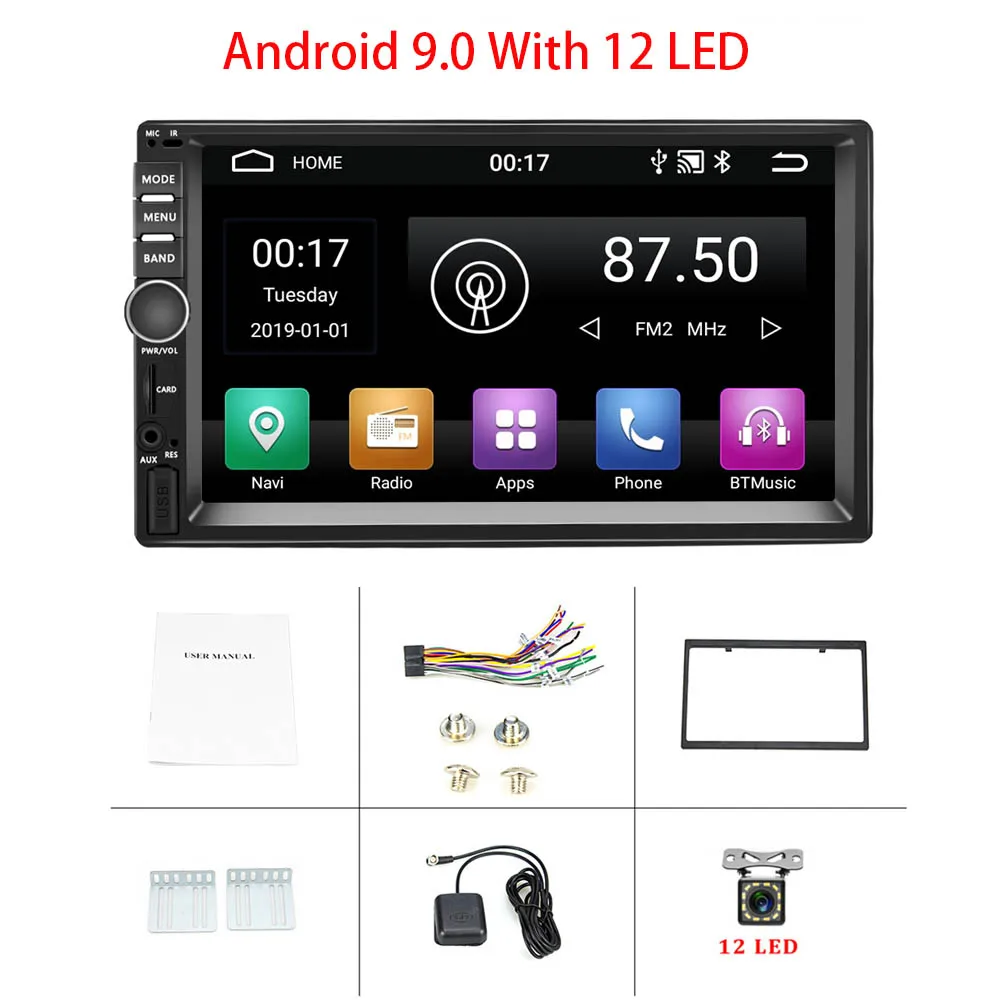 Hikity 7 дюймов Android автомобильный Радио gps навигация 2 Din универсальный RDS автомобильный мультимедийный плеер Зеркало Ссылка Авторадио Поддержка камеры - Цвет: Android 9 With 12LED