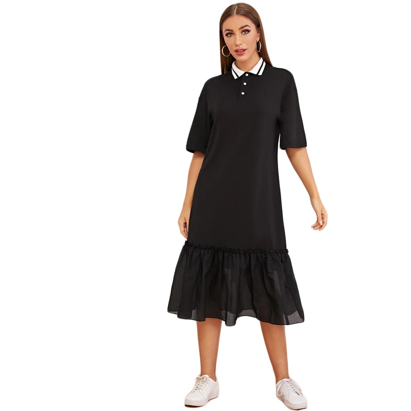 SHEIN/Черное Платье-туника с открытыми плечами и рюшами, женская осенняя одежда с заниженной талией и отложным воротником, повседневные Прямые однотонные платья
