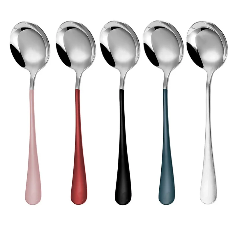 

1Pc Stainless Steel Spoon Long Handle Family Soup Spoon Restaurant Kitchen Cooking Spoon Round Kitchen Supplies