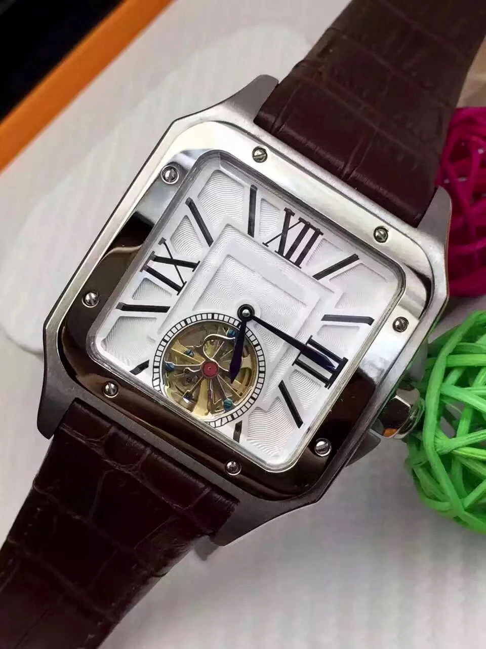 

New Men Automatic Mechanical Watch Gold Rome Black Blue Leather Tourbillon Sapphire Back Sport