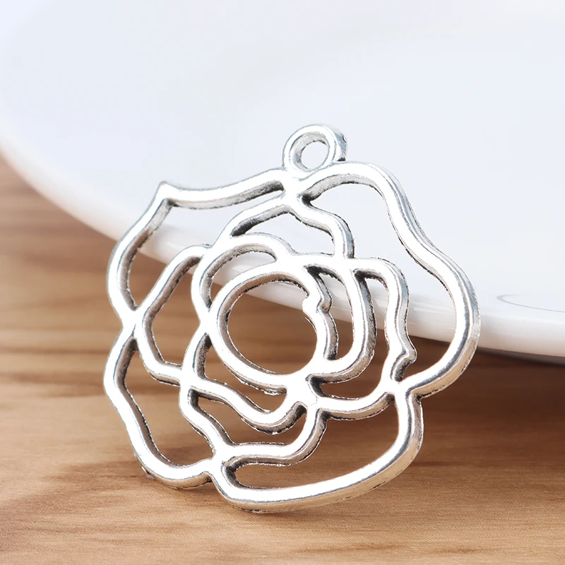 

10 Pieces Tibetan Silver Filigree Rose Flower Charms Pendants for Necklace Bracelet Jewellery Making Findings 40x37mm