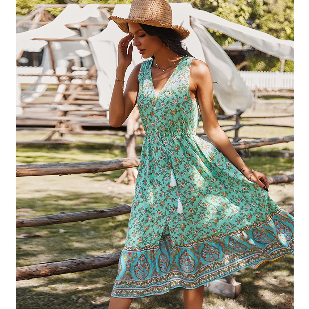 

Women Summer Sexy V Neck Tassel Drawstring High Waist Long Dress Floral Print Sleeveless Midi Dress Spring Holiday For Ladies