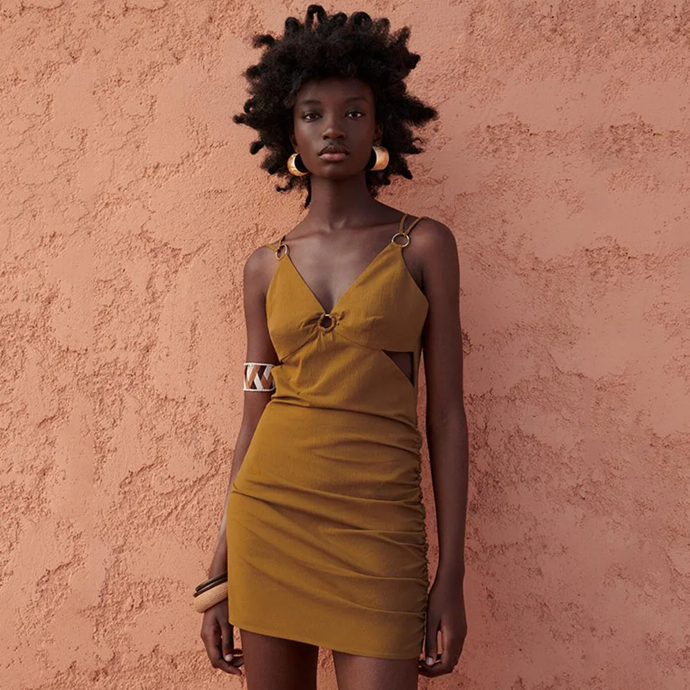 

Thin shoulder straps asymmetrical side ruched silk sling mini dress elegant satin dress