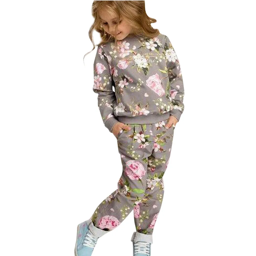 Fashion Children Girls Clothing Set Spring Autumn Tracksuit Floral Sweatshirt+Pants Casual Sport Suit Kids Toddler Girls Clothes