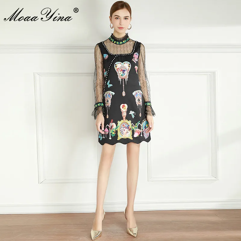 

MoaaYina Fashion Designer dress Summer Women's Dress Long sleeve Beaded Sequins Floral-Print Black Dresses