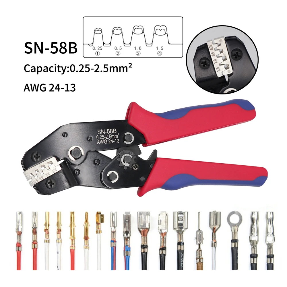 

SN-58B Ratchet Crimping Plier Crimper Tool 0.25-2.5mm² AWG24-13 for Dupont,TE,JST,Molex Terminal Wire Electrical Pliers