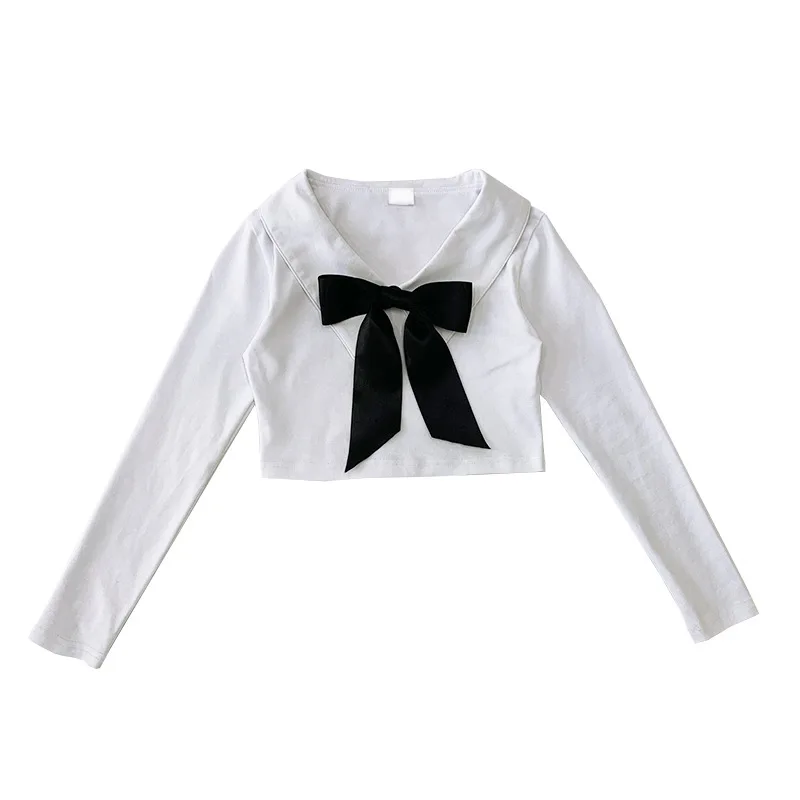 

Girls' tops 2021 spring new solid color girls bow tie V-neck bottoming shirt T-shirt