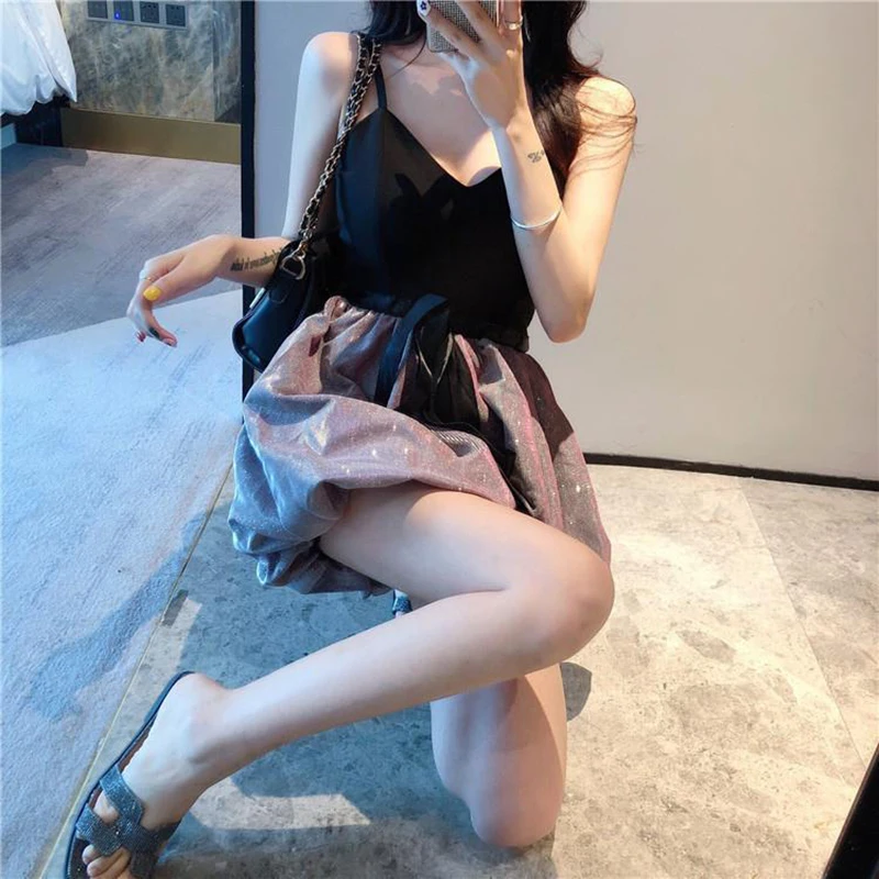 

Wome Summer Sexy Spaghetti Strap Dresses Deep V-neck Sexy Sleeveless Show Thin Fit and Flare Club Party Mini Dress Vestidos QZ37