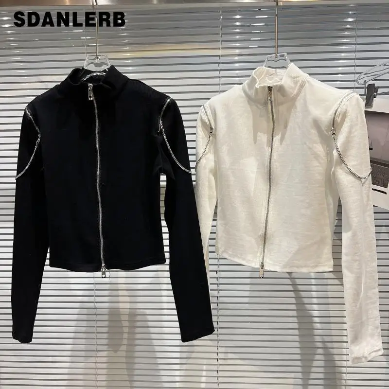 

2021 Winter New Zipper Shoulder Design Elastic Slim Stand Collar T-shirt Long Sleeve Clothing Slimming Short Cardigan Coat
